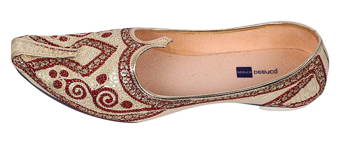 DEEUCO Men's Ethnic Juti/Mojari for Wedding and Party Occasions (Cream and Red)