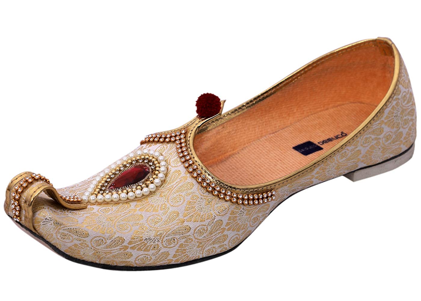 DEEUCO Men's Traditional Premium Cream and Golden Wedding and Sherwani Jutti (Mojari)
