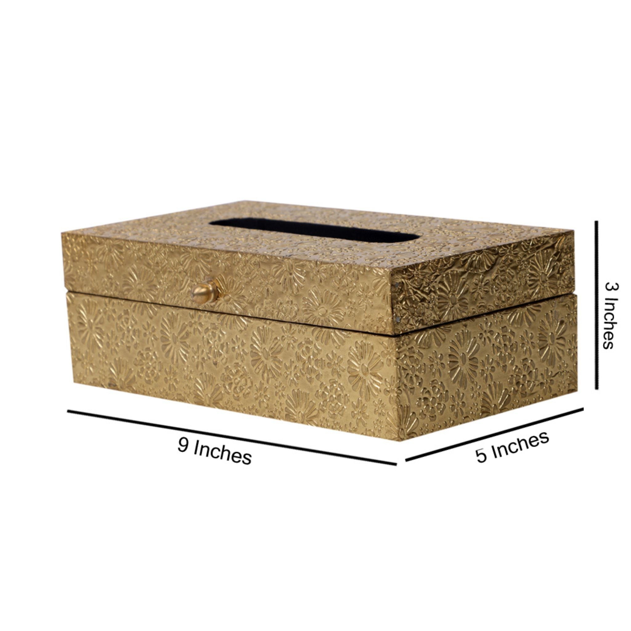 Handcrafted wooden tissue box wrapped in meticulously embossed floral gold brass sheet work.