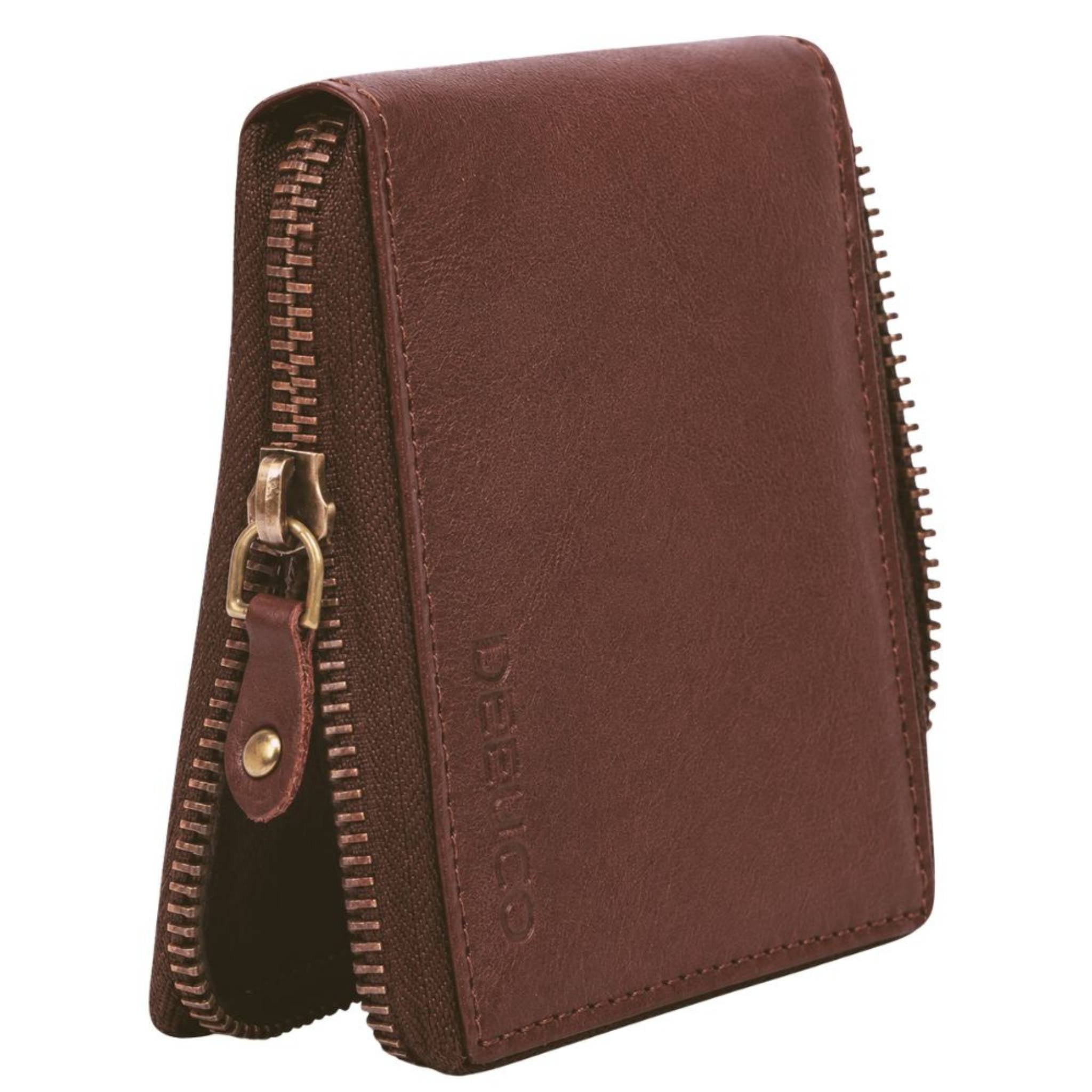 Close up of a luxury men's brown leather wallet with embossed Deeuco brand logo