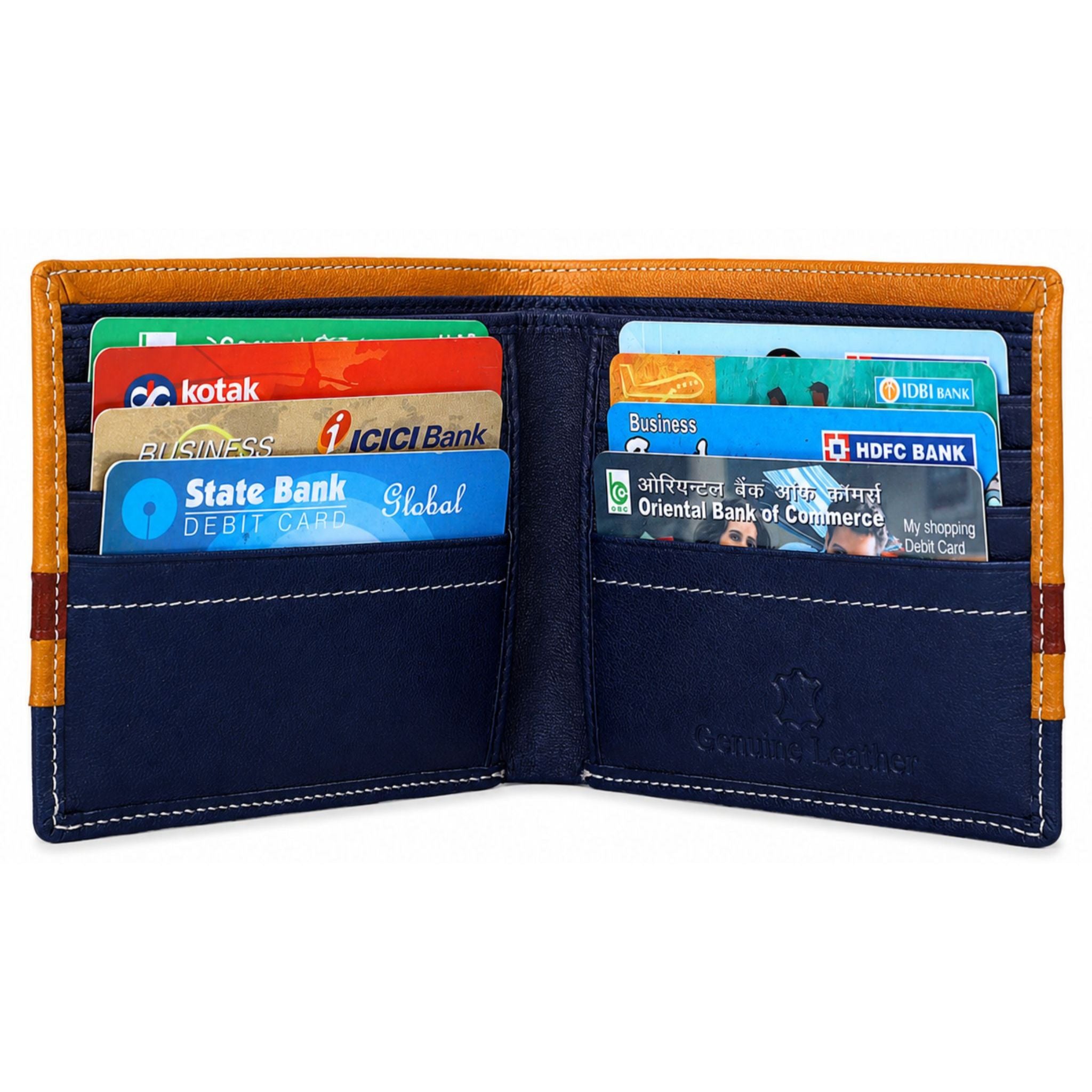 Back side view of Deeuco mens stylish striped leather wallet with contrast stitching