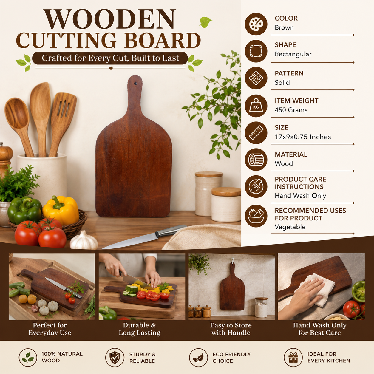 Wooden Brown Chopping/Cutting Board (Size:17x9x0.75 Inches)