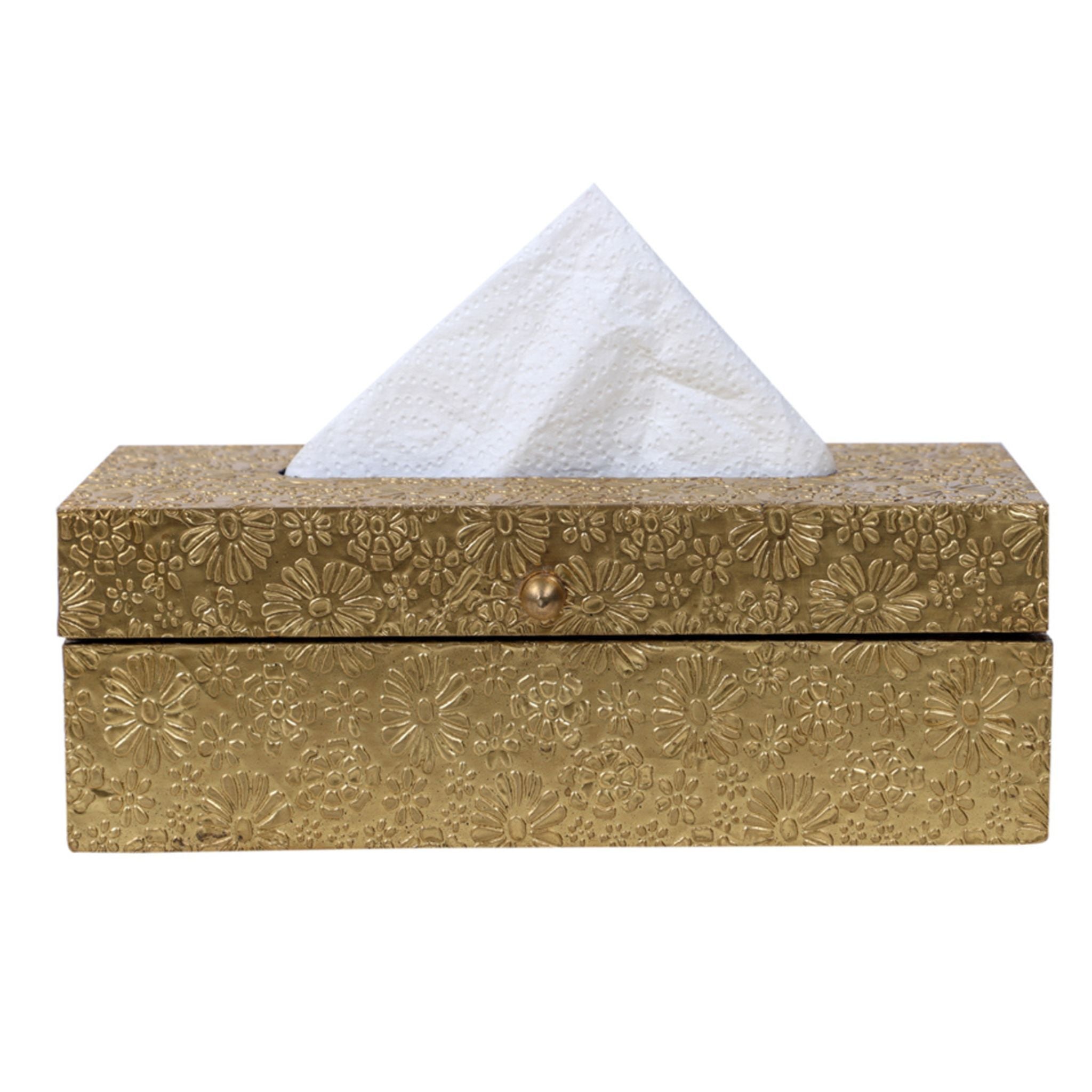 Luxurious gold-toned brass fitted tissue paper dispenser box featuring a small round knob closure.