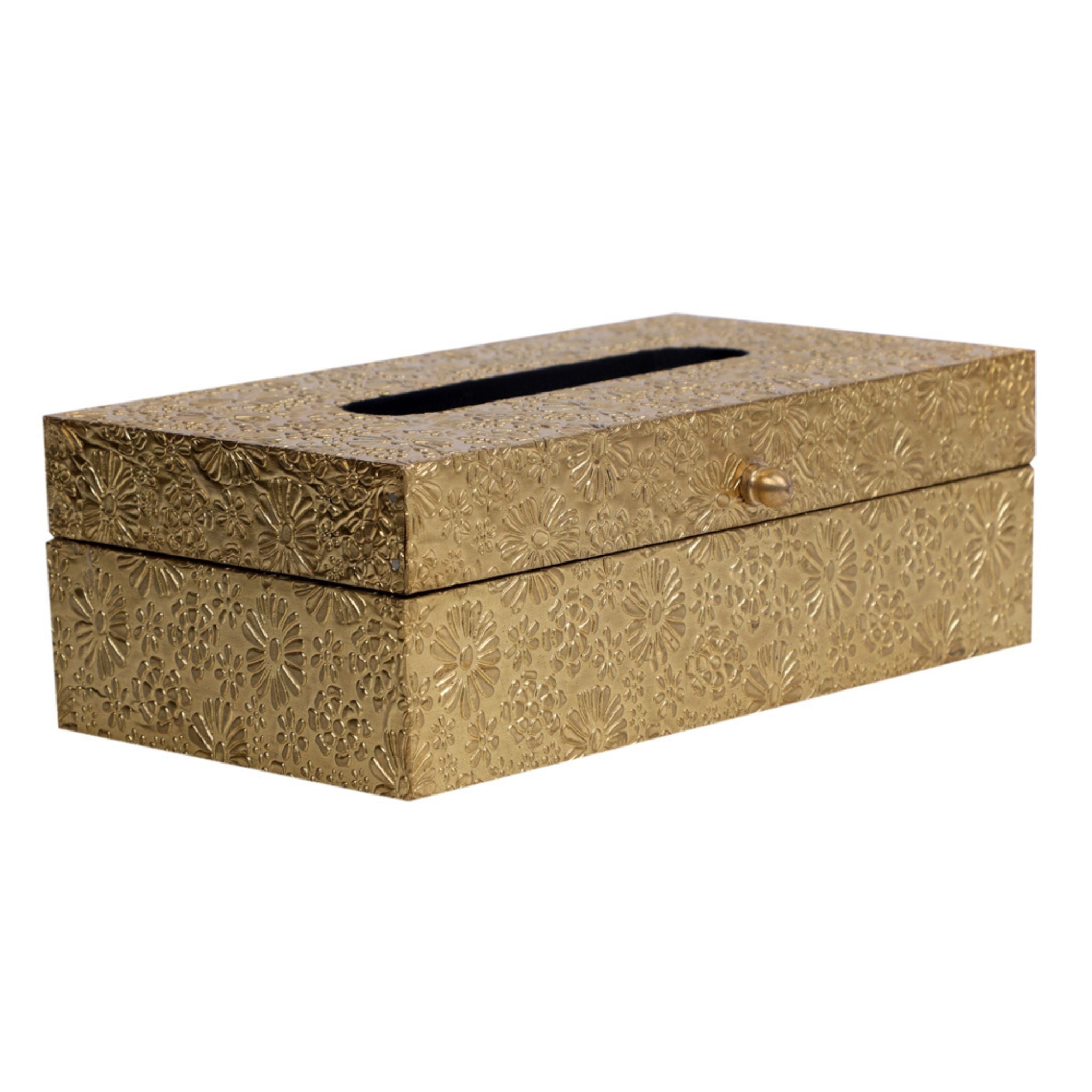  Indian handicraft rectangular tissue organizer made of wood with antique gold brass floral patterns.