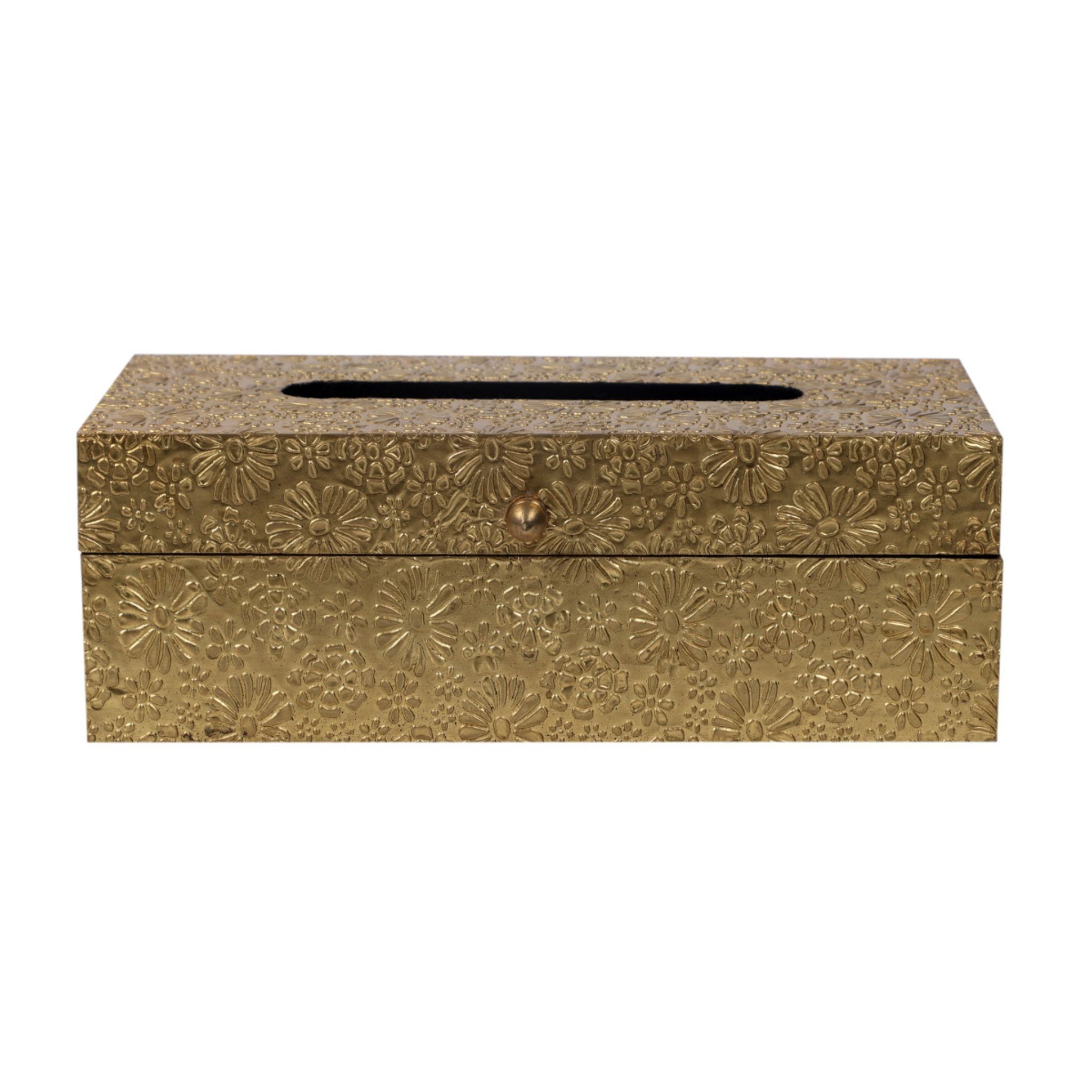  Decorative metallic gold brass sheeted napkin holder box suitable for premium living room tabletops.