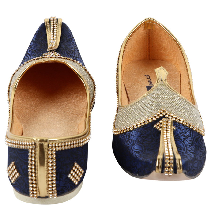 DEEUCO Men's Traditional Premium Navy Blue and Golden Velvet Wedding and Sherwani Jutti (Mojari)