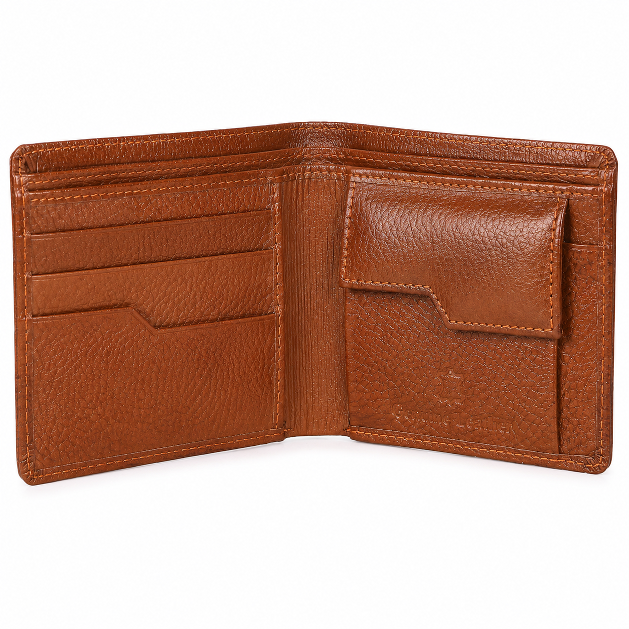Open tan textured leather bifold wallet showing three credit card slots on the left and a snap-button coin pocket on the right.