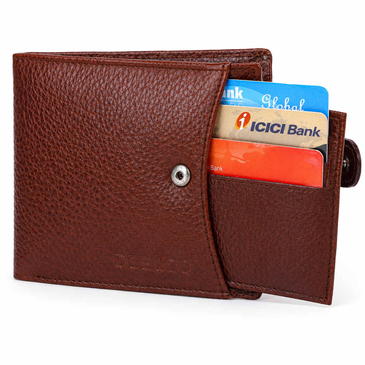 DEEUCO Men's Premium Brown Leather Wallet: Secure Button Strap, 6-Card Storage & Smart Coin Pocket.
