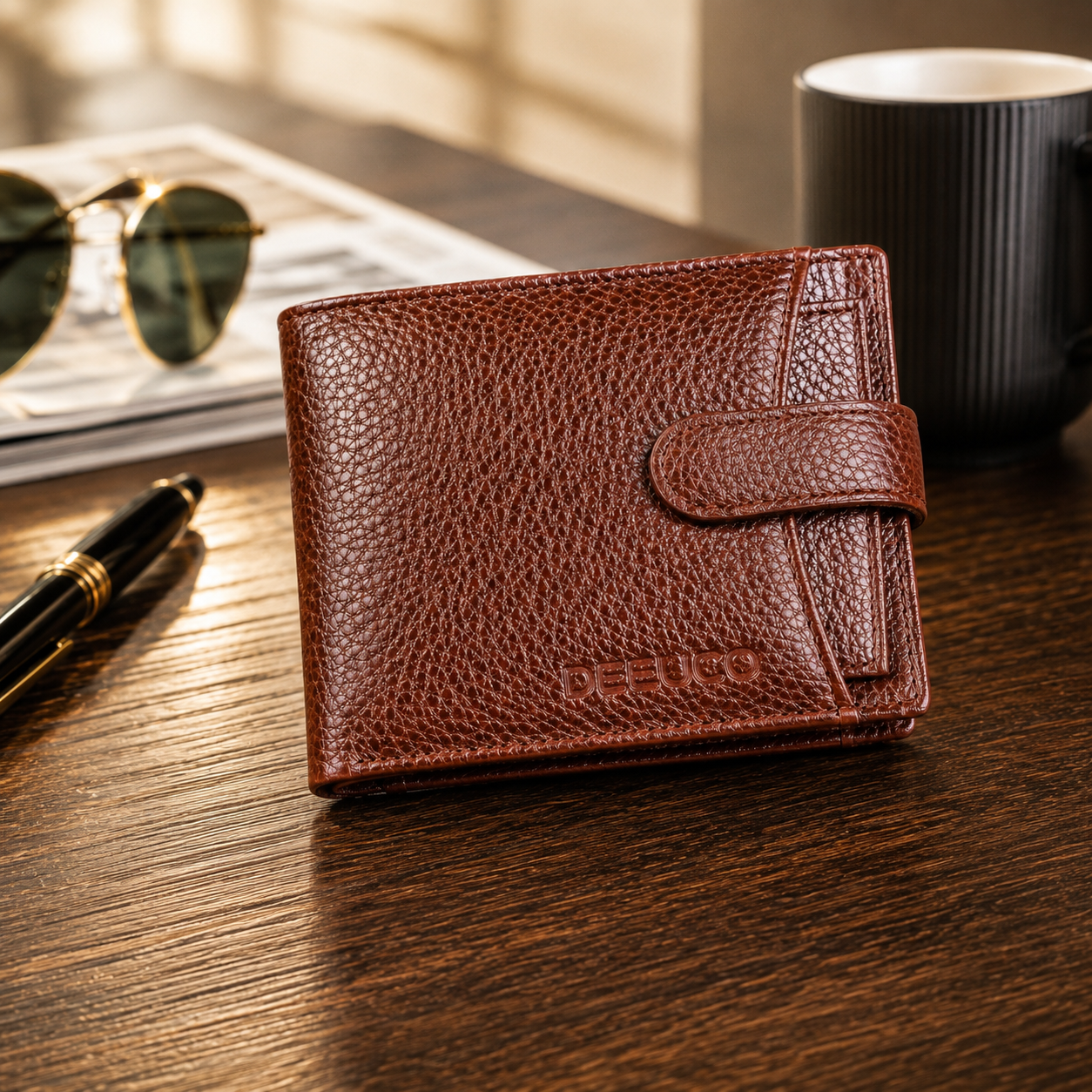 DEEUCO Men's Premium Brown Leather Wallet: Secure Button Strap, 6-Card Storage & Smart Coin Pocket.