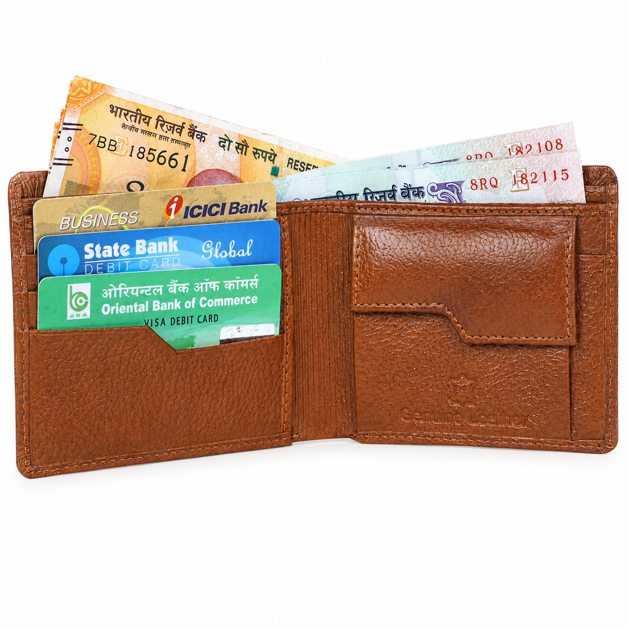 Close-up of the interior flap-closure coin pocket on a brown textured leather wallet with a debossed genuine leather stamp.