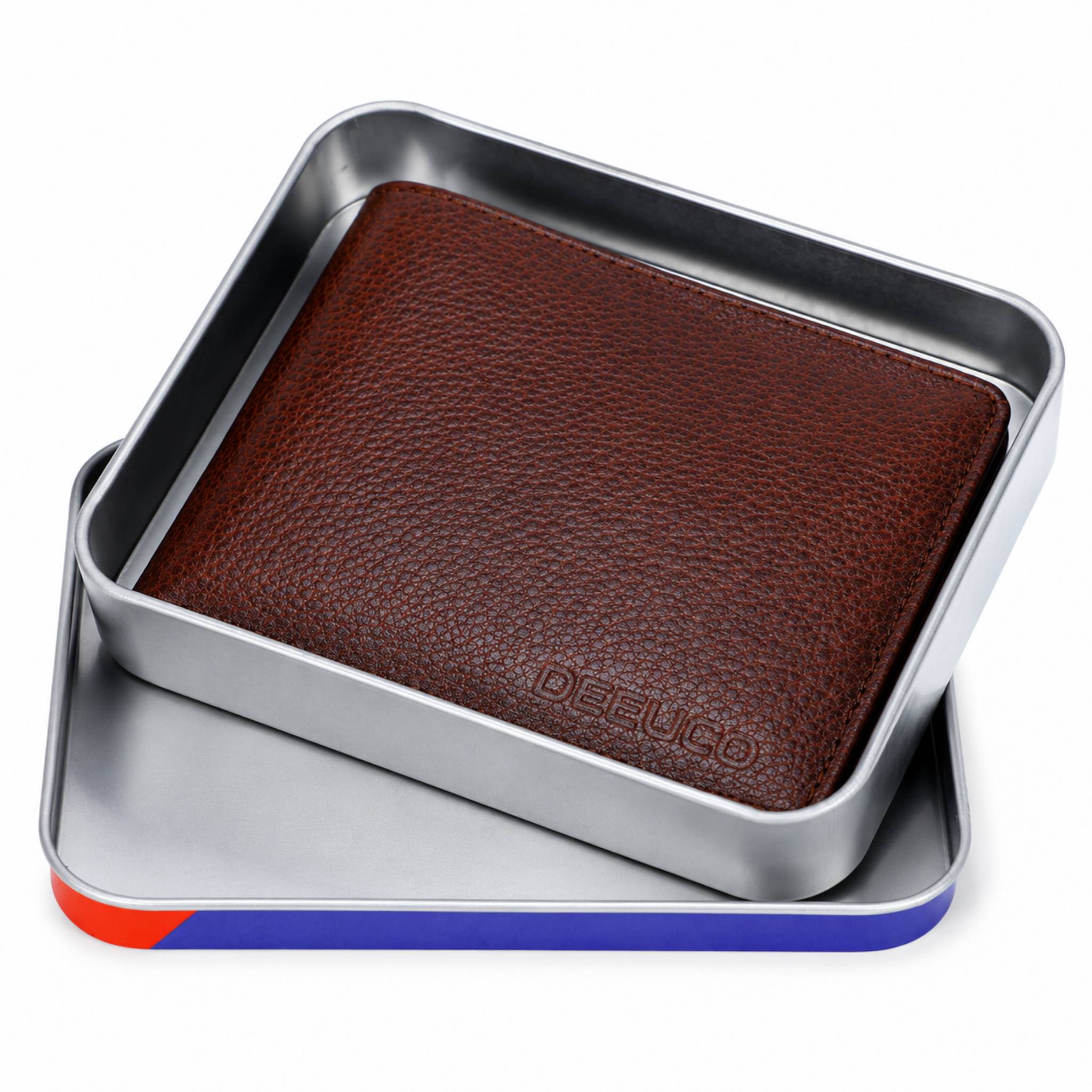 Open classic brown genuine leather bifold wallet for gents with premium stitching and embossed logo