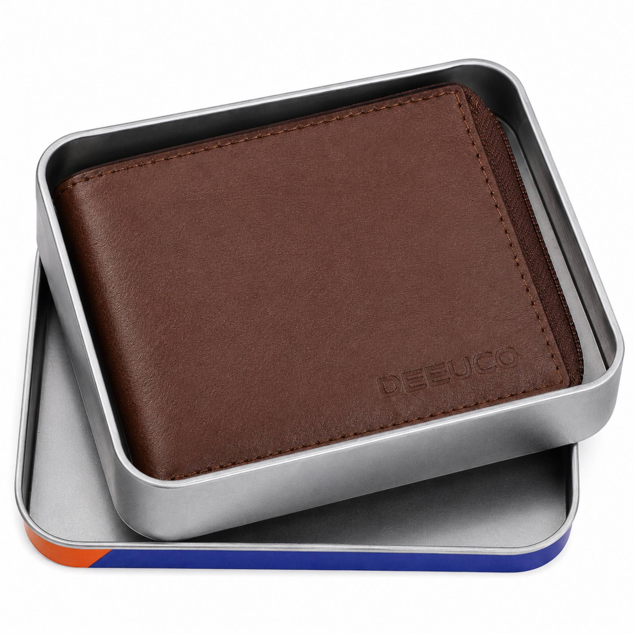 Elegant brown leather wallet for men shown with a luxury watch and leather notebook
