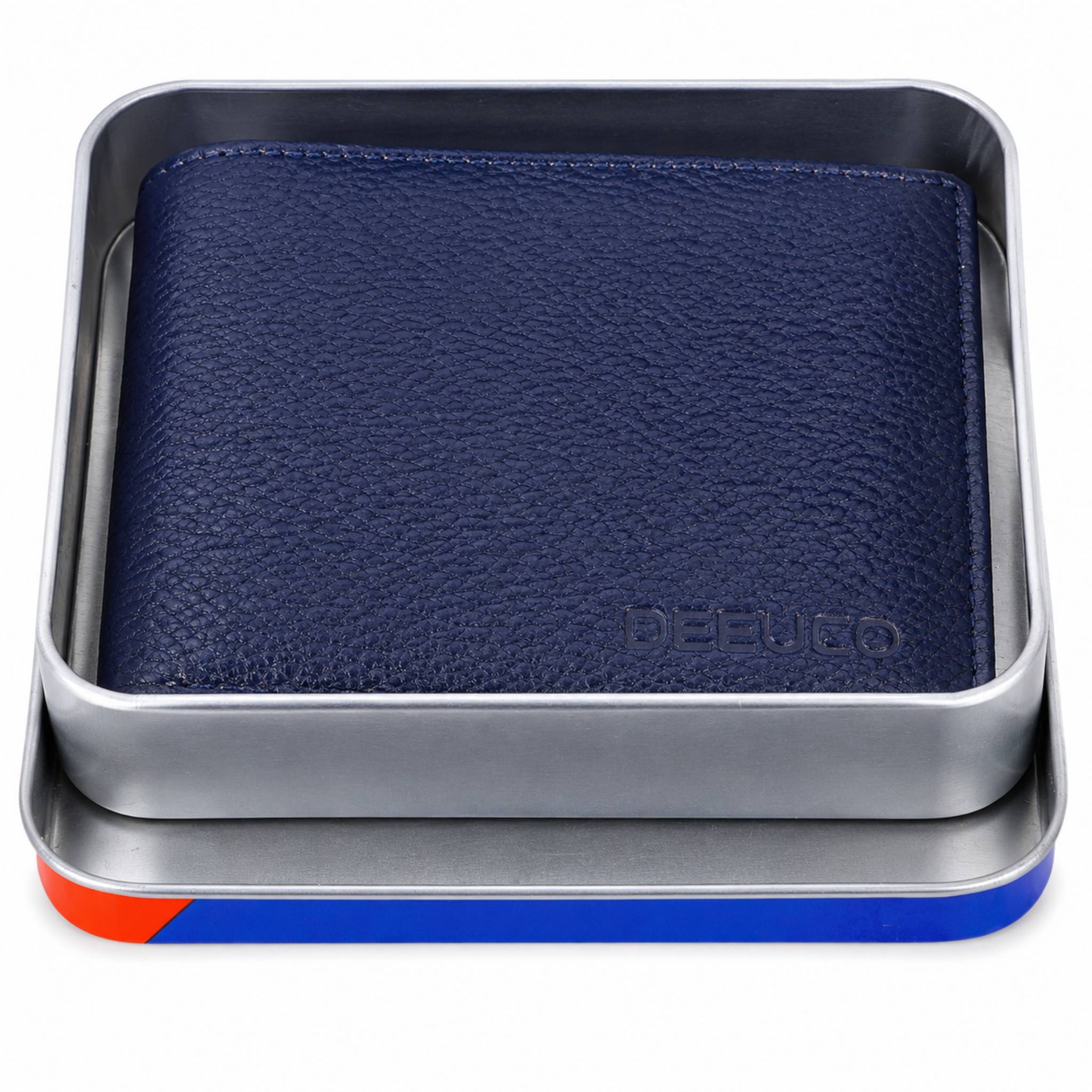 Interior view of a blue leather pocket wallet for men showing bank card compartments and a coin pocket