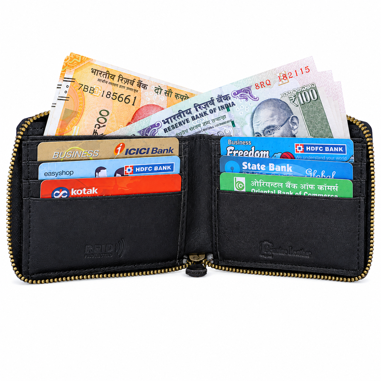 Premium black zippered leather wallet displayed next to its elegant brand gift box packaging.