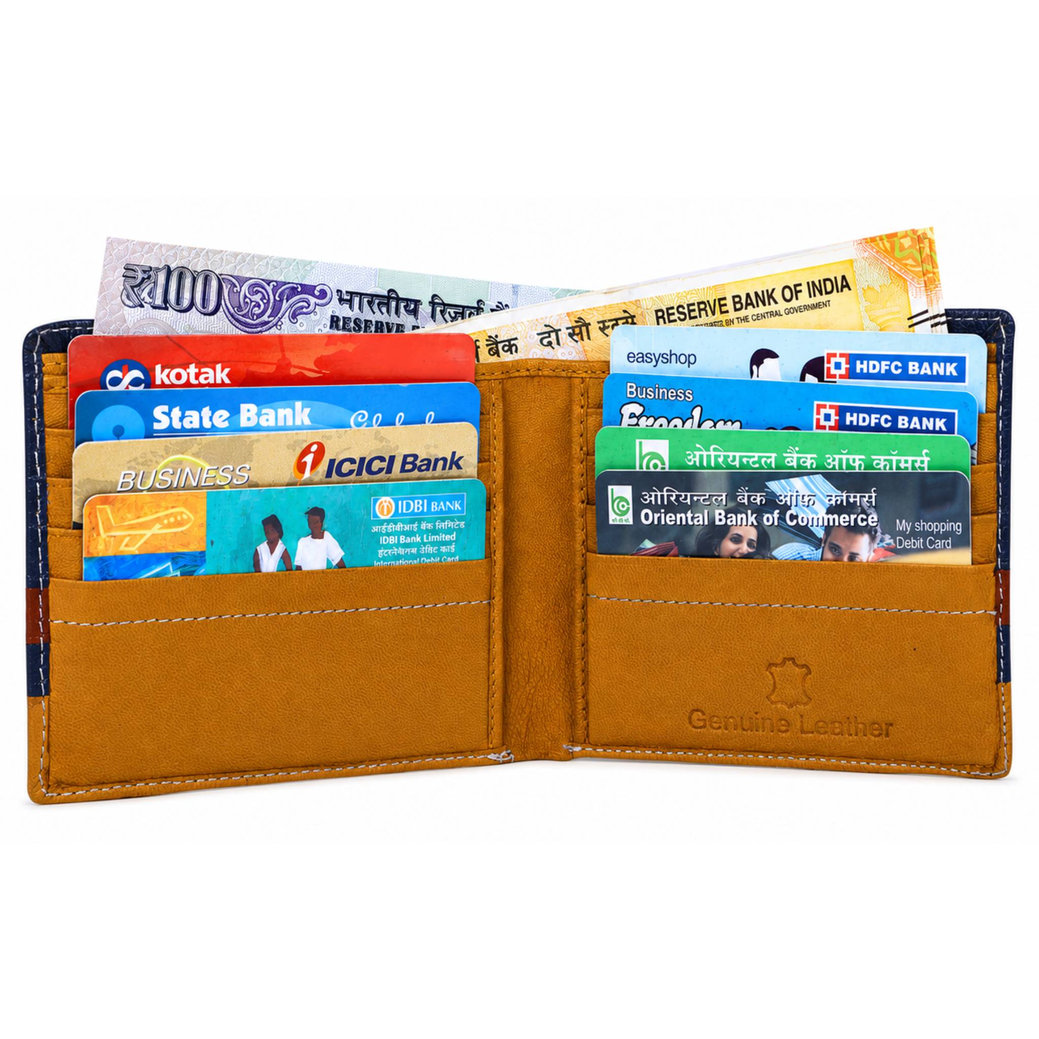 Interior view of men's leather wallet showing dual currency slots with cash notes